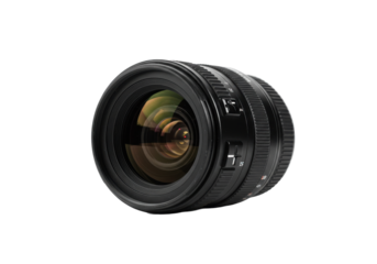 Angled view of a black camera lens with visible focal length markings