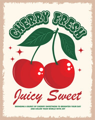 Retro poster cherry illustration with a fresh, juicy, and sweet food graphic design