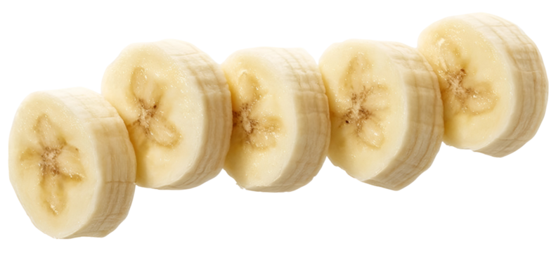 Sliced bananas arranged in a line, showcasing their creamy texture and natural sweetness. Perfect for healthy recipes or snacks.