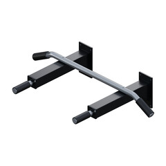 A realistic 3D render of a metal pull-up bar with black and silver finish.