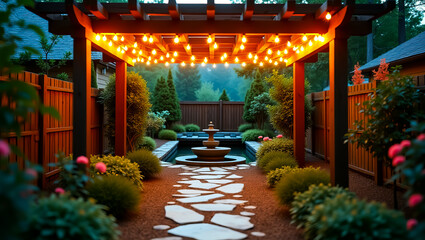 Enchanting garden path leading to a tranquil water fountain under a warmly lit pergola with glowing fairy lights in lush green surroundings
