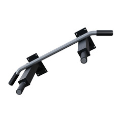 A realistic 3D render of a metal pull-up bar with black and silver finish.