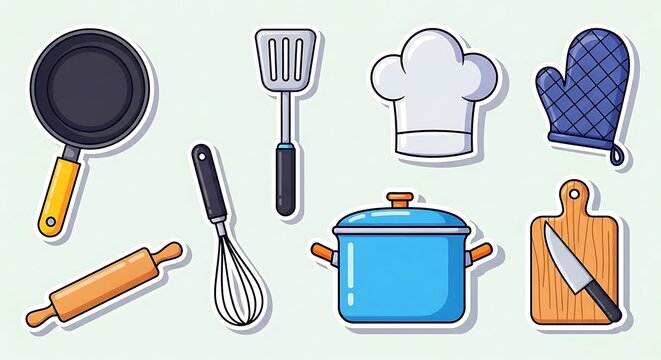 Colorful Kitchen Utensils Sticker Set: Frying Pan, Spatula, Chef Hat, and More