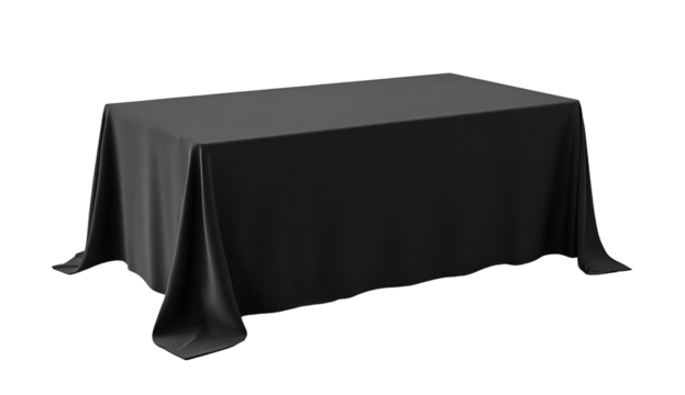 A sleek black table draped elegantly, perfect for various events and gatherings, adding a touch of sophistication to any setting.