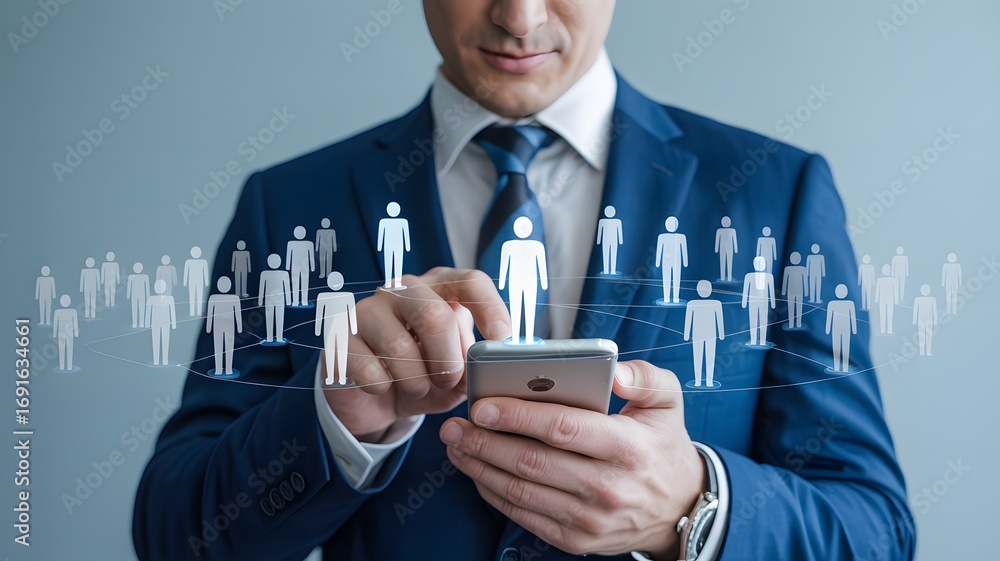 Poster businessman using smartphone with digital candidate profile icons concept representing recruitment n