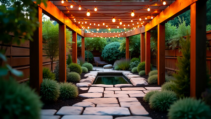 Obraz premium Enchanting garden pathway illuminated by warm string lights leading to a serene water feature surrounded by lush greenery and elegant landscaping