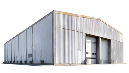 Obraz premium A modern industrial warehouse structure with a sleek metal facade and large loading doors, ideal for storage and logistics operations.