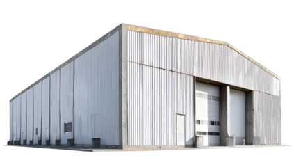 A modern industrial warehouse structure with a sleek metal facade and large loading doors, ideal for storage and logistics operations.