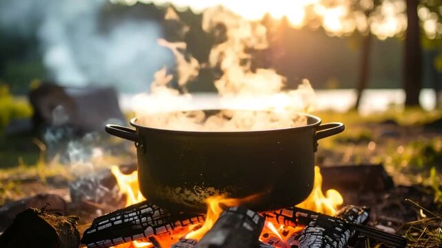 Campfire cooking pot steaming