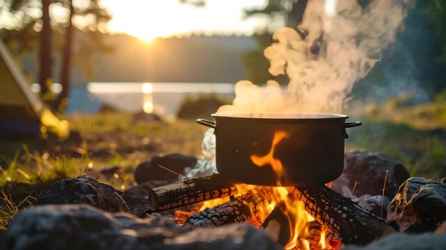 Campfire cooking sunset panorama