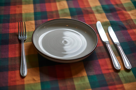 Empty ceramic plate with fork and knives set on a colorful plaid tablecloth