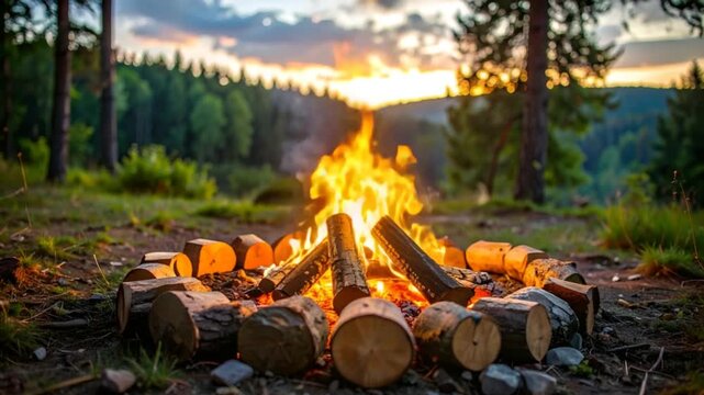 Campfire in forest at sunset