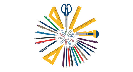 Colorful school and office supplies arranged in a creative circle flat lay design for education projects