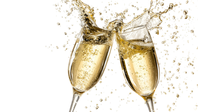Two champagne glasses clinking together, with bubbly champagne splashing, symbolizing celebration and joy in a festive atmosphere.
