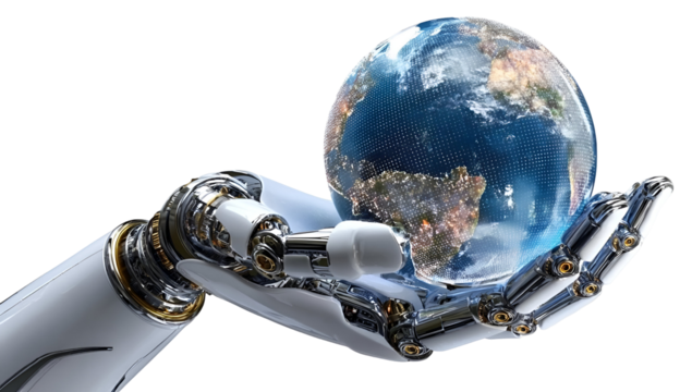 A futuristic robotic hand gently holds a globe, symbolizing innovation and the balance between technology and environment.