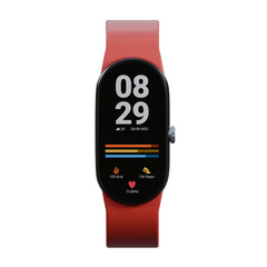A realistic 3D render of a red smartwatch designed for fitness and exercise.