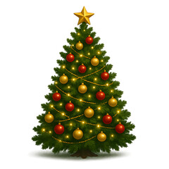 Decorated Christmas Tree with Golden Star, Red and Gold Baubles, and String Lights – Holiday Celebration Illustration | Transparent Background