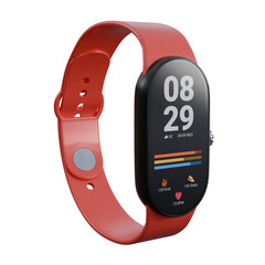 A realistic 3D render of a red smartwatch designed for fitness and exercise.