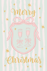 Vintage hand drawn christmas greeting card design template with champagne glasses and ribbon crest.