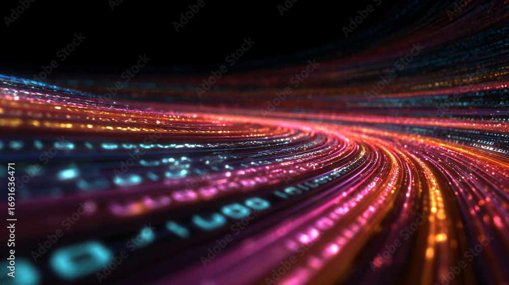 Poster abstract vibrant data streams converge in a luminous swirl on a dark backdrop for a futuristic feel.