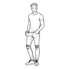 Handsome Man Black and White Illustration Vector Image Male Portrait Fashion Sketch Line Art Design	

