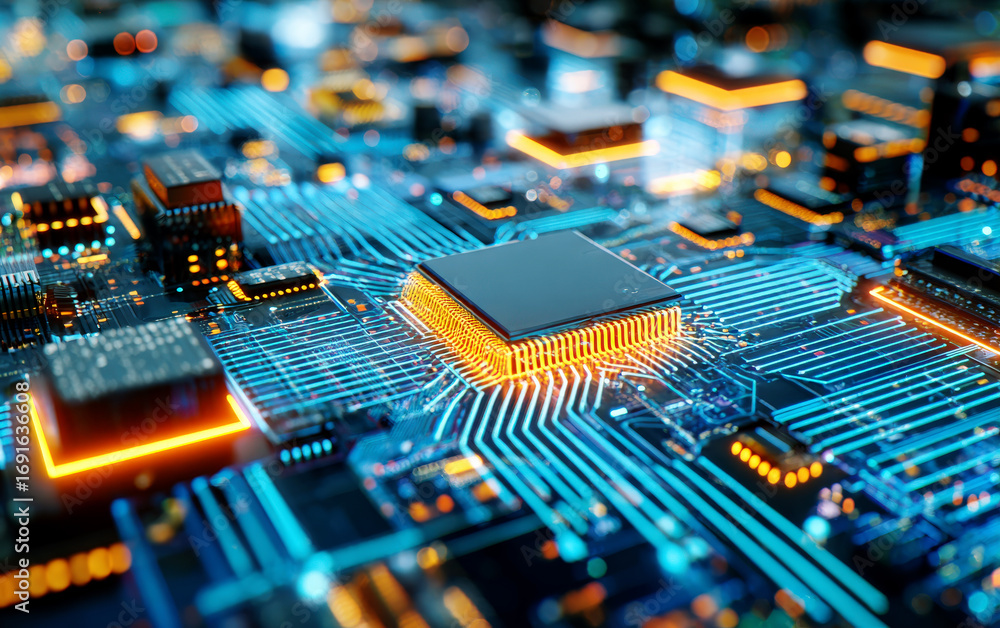 Poster close-up view of modern computer circuit board with microchips