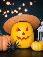 Halloween Pumpkins with Hat and Spider Decoration