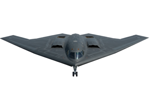 Stealth bomber with landing gear extended, front view, gray, angular design