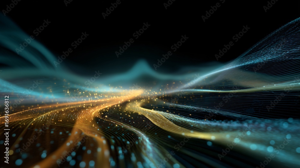 Poster abstract data landscape with luminous lines flowing in a mesmerizing digital art style.