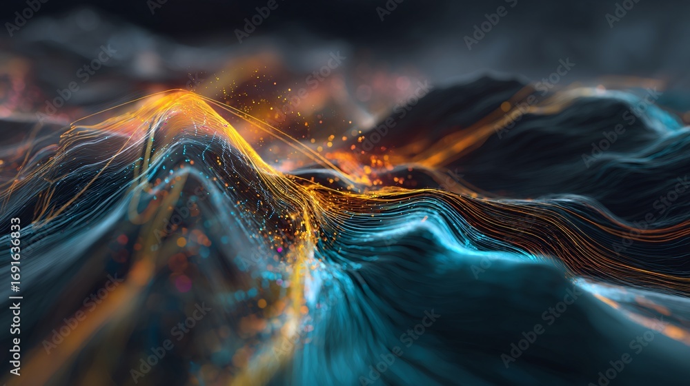 Poster abstract landscape with glowing lines flowing across dark, undulating terrain, luminous and dynamic