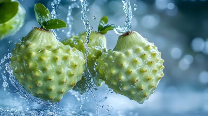 Ripe cherimoyas are falling down through the picture, the fruits are isolated