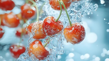Ripe cherries with stems are falling down through the picture, the fruits are isolated