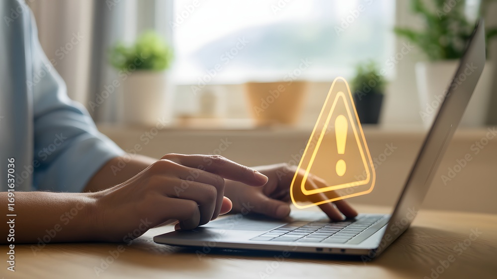 Poster person typing on laptop with yellow warning error alert icon concept representing cybersecurity risk