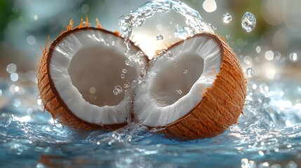 Ripe coconut halves are falling down through the picture, the fruits are isolated