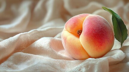 Peach resting on a beige cloth.  A single, fresh peach with a velvety texture and soft, pale yellow flesh, sits on a light beige fabric. A small green leaf rests gently beside it