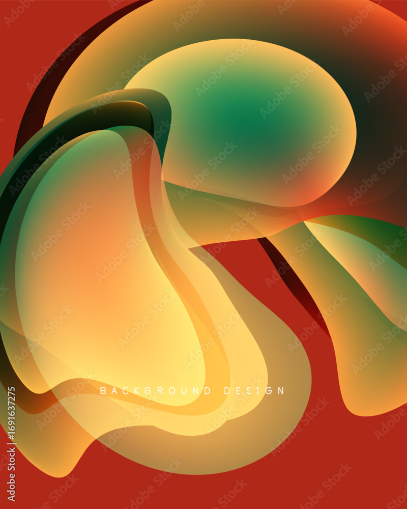 Poster abstract fluid shapes, vibrant colors blend. warm tones dominate, creating dynamic visual effect. mo