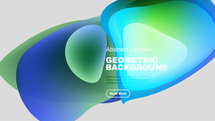 Abstract fluid shapes overlap, creating vibrant color gradients. Design features text, button, simple background.