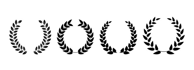 Retro laurel wreaths set. Circle winner trophy decor elements for award banner, emblem, label, badge. Black round branches with olive leaves collection. Vintage Greek triumph ornament pack. Vector