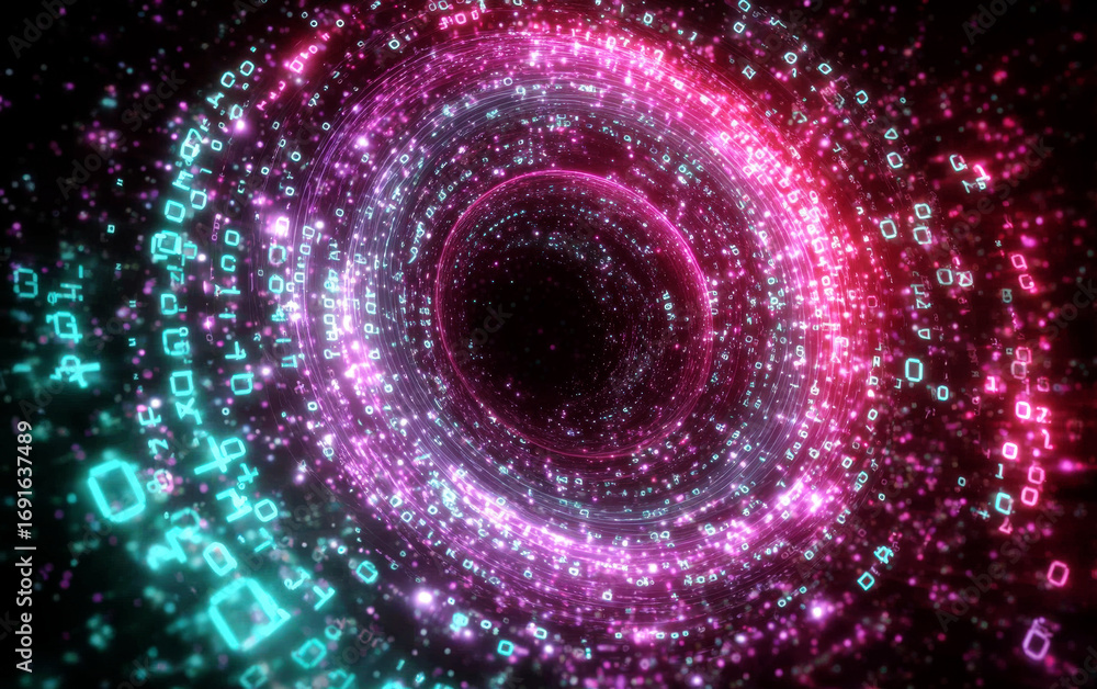 Aufkleber vibrant digital spiral with glowing particles and binary code elements