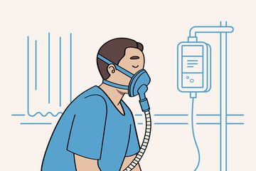 Man wearing oxygen mask for breathing support in hospital room with medical equipment