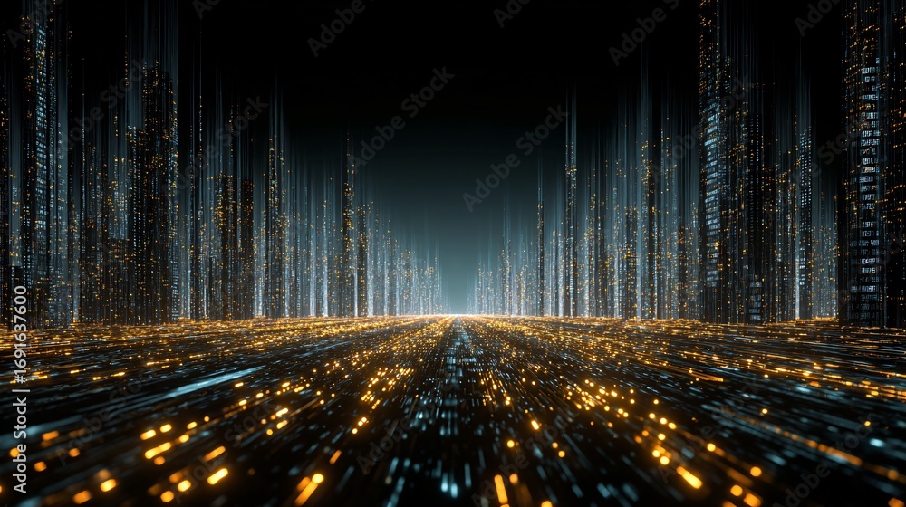Poster abstract technology cityscape with flowing digital data and futuristic architecture.