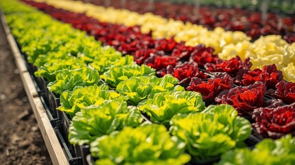 A high-angle, vibrant shot capturing multiple rows of fresh, young lettuce plants neatly arranged in black plastic crates.