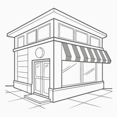 A simple line drawing of a corner store building with an awning.
