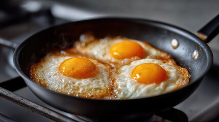 Three perfectly fried eggs in a hot frying pan, a culinary delight