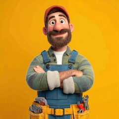 A friendly animated character stands confidently with arms crossed, wearing a green sweater and blue overalls.