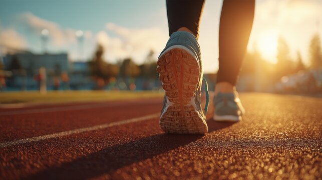 A person jogs along a vibrant athletic track at sunset. The warm light creates a beautiful backdrop while the runner focuses on their stride, enjoying the tranquility of the evening.