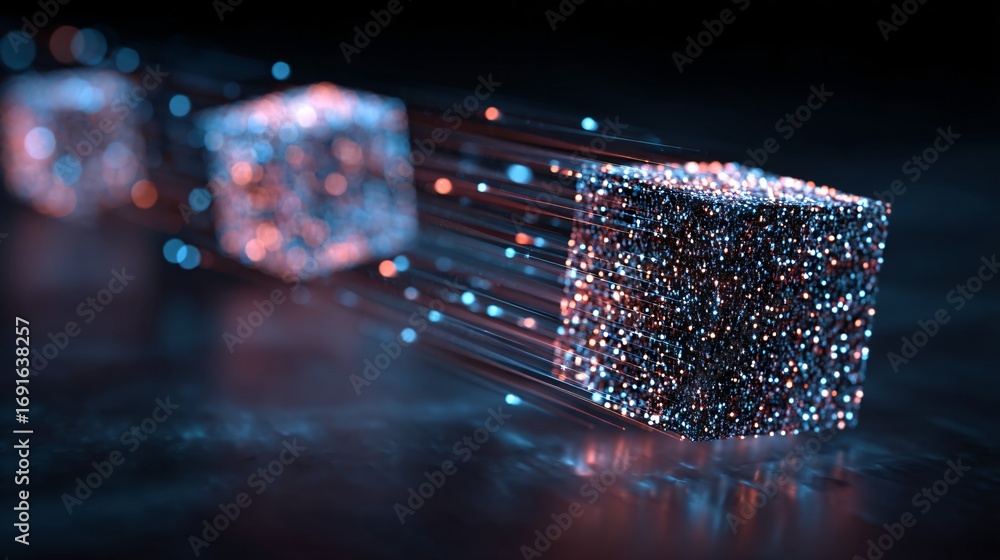 Poster three-dimensional sparkling cubes emit radiant light trails in a visual representation of data flow.