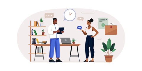 Diverse colleagues collaborating in a modern office discussing ideas and projects with speech bubbles and a clock