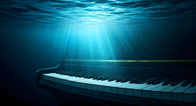 Grand Piano Submerged Underwater with Sunbeams Illuminating the Scene
