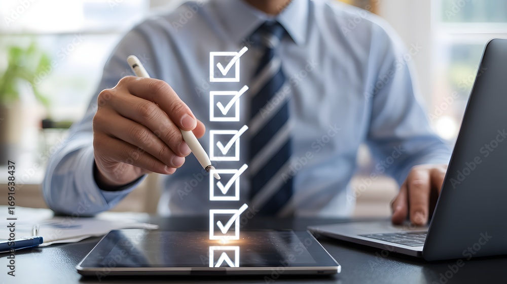 Poster businessman using digital tablet with virtual checklist and tick mark icons representing task comple